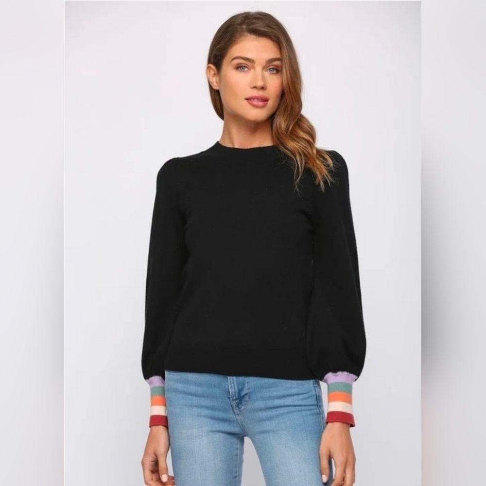NEW Fate Black Striped Cuff Ballon Sleeve Sweater Size S